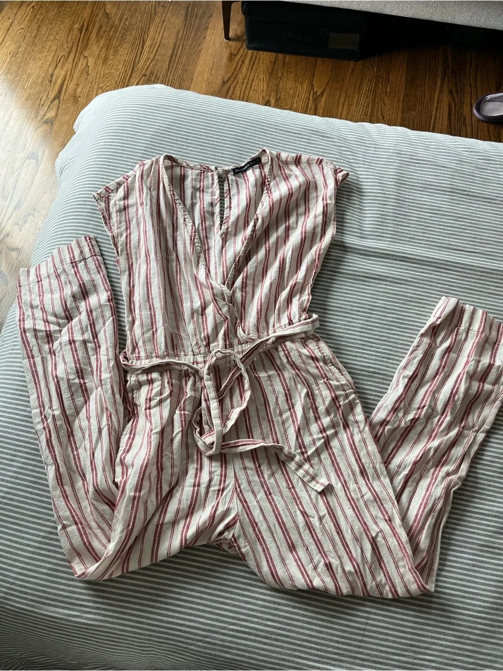 Abercrombie & Fitch White Top with Red Stripes and Button Keyhole